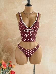 Soleia Women's White Polka Dot Print Deep V-Neck Bikini Set Beach Summer Cute - Brown - View 5