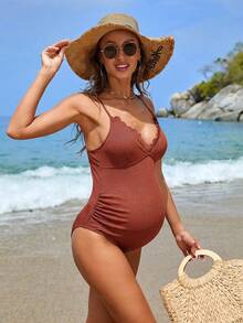 Momance Pregnant Women's Simple Solid Color Ruffle Trim One-Piece Swimsuit, Suitable For Beach & Holiday - Brown - View 1