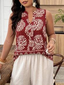 Weeklong Plus Size Women's Casual Round Neck Sleeveless Random Print Shirt, Suitable For Vacation And Daily Wear, Spring/Summer - Multicolor - View 4