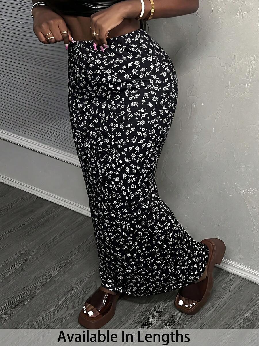 SHEIN Tall CURVE 大码女式休闲碎花长裙 - 黑與白 - 查看 1