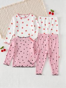 Cozy Pixies 2set Baby Girl Cute Strawberry Pattern Ruffle Round Neck Long Sleeve Long Pants Soft Comfortable Skin-Friendly Home Pajama Set - Baby Pink - View 2