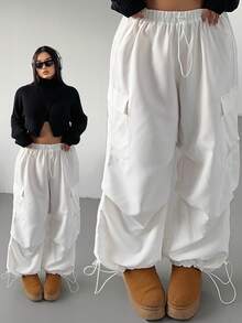 POPSWAY Plus Size Women's Solid Color Drawstring Waist Wide Leg Casual Cargo Pants Fall Cloth For Women - White - View 1