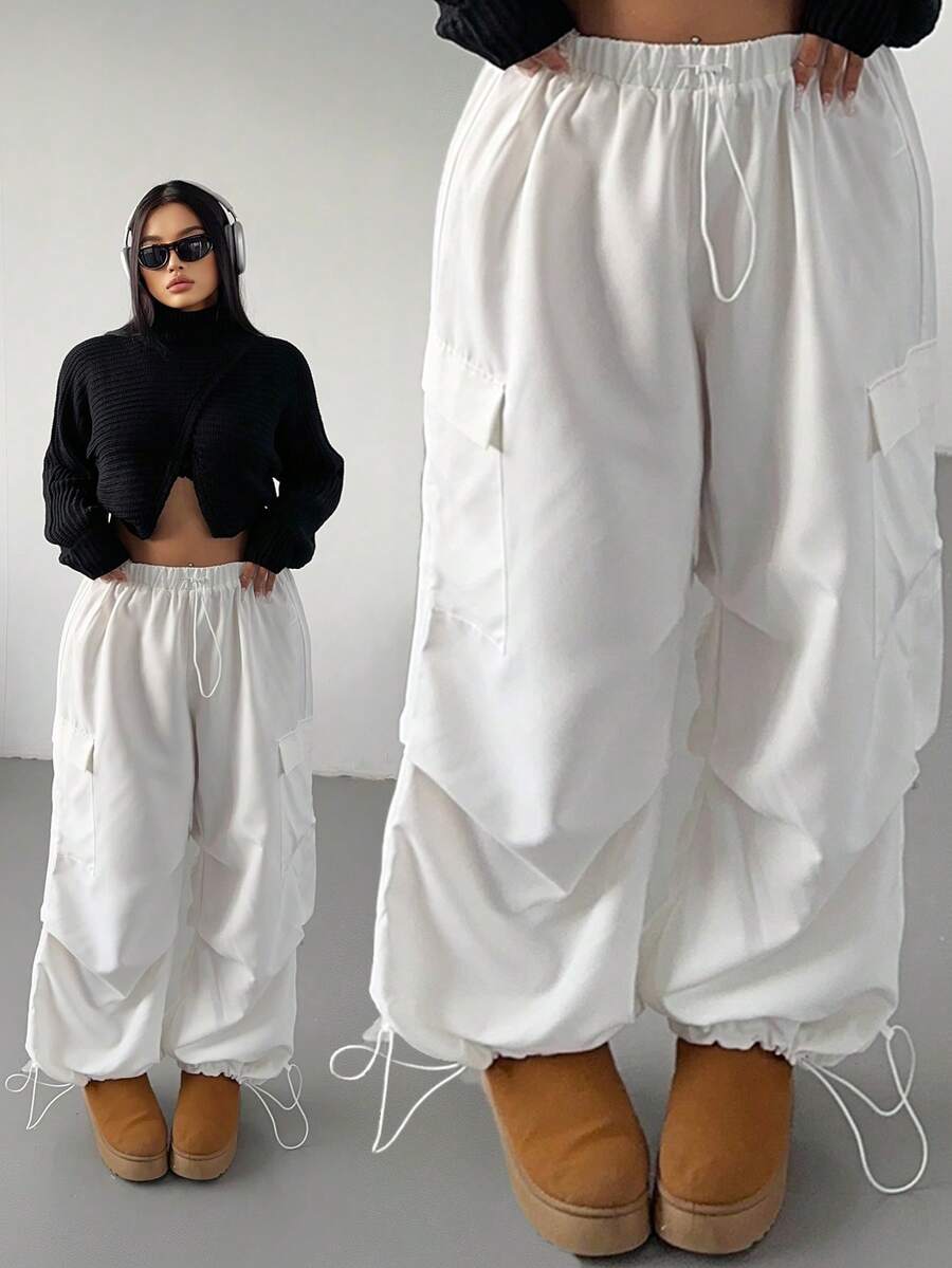 POPSWAY Plus Size Women's Solid Color Drawstring Waist Wide Leg Casual Cargo Pants Fall Cloth For Women - White - View 1