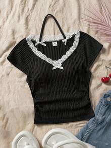 SHEIN Girlism Áo thun ngắn tay ôm sát, co giãn, màu trơn, cổ chữ V, viền ren, trang trí nơ ruy băng, dành cho bé gái tuổi teen, màu đen, kiểu Y2K. - màu đen - Xem 3