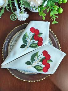 Cirelle 1/2/4pcs Cherry Embroidered Cotton Napkins, Cute Fruit & Floral Cloth Napkin, Reusable & Washable Dinner Napkins For Kitchen, Party, Wedding, Home Table Decor - Multicolor - View 9
