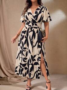 Roveilla Plus Size Women Leopard Print V-Neck Short Puff Sleeve Side Split Hem Fashionable Dress Maxi Women Outfit - Multicolor - View 4