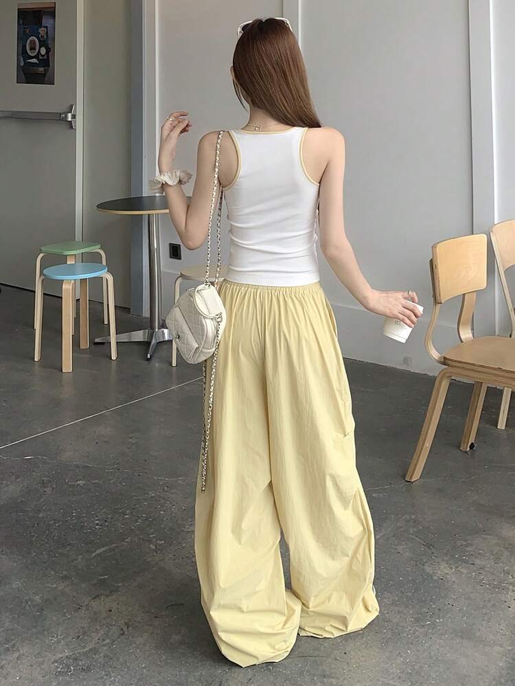Women's Color Block Top And Drawstring Waist Wide Leg Pants Casual 2 Pieces Set