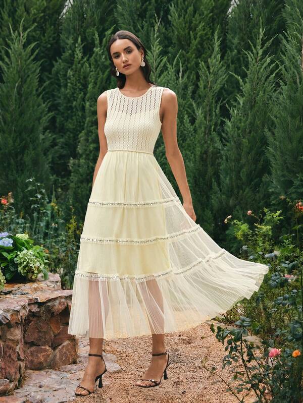 VOLUPTÉ CURVE Women's Summer Cream White Knit Round Neck Sleeveless High Waist Layered Ruffle Pale Hem Elegant Dress, Wedding Guest, Vacation, Brunch