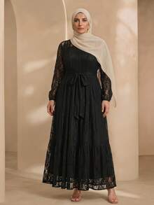 Graceveil Elegant Solid Color Lace Long Sleeve Cinched Waist A-Line Plus Size Dress, Suitable For Spring And Summer Black - View 1