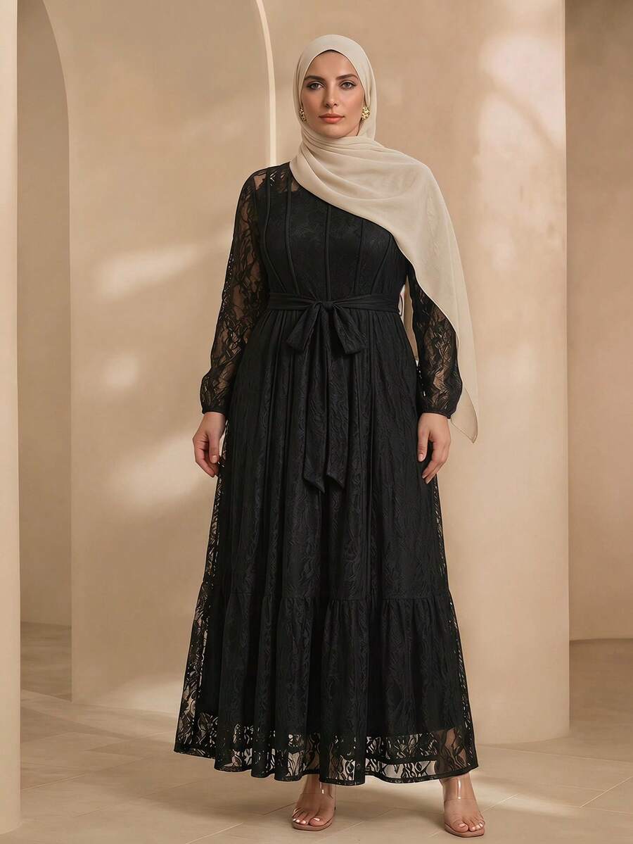 Graceveil Elegant Solid Color Lace Long Sleeve Cinched Waist A-Line Plus Size Dress, Suitable For Spring And Summer Black - View 1