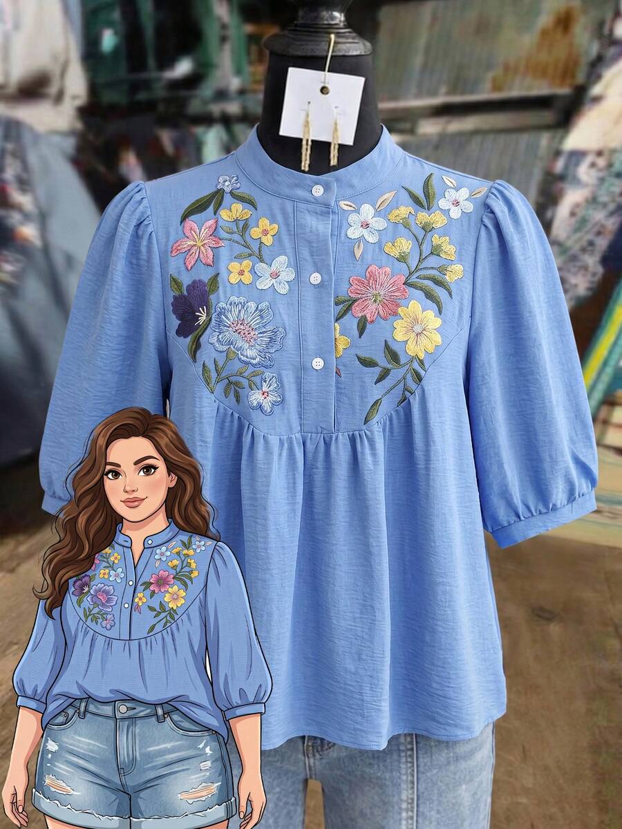 Rusticease Blus Ukuran Besar Warna Biru dengan Kerah Tegak dan Lengan 3/4, Elegan untuk Kantor, Musim Gugur/Musim Dingin 2026 - Biru - View 1