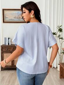 Weeklong Plus Size Women V-Neck Cutout Shoulder Striped Print Casual Vacation Shirt - Blue - View 2