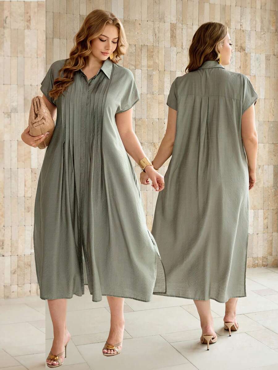 Roveilla Plus Size Women Summer Elegant Sage Green Sommar Midi Dress,Shirt Collar Raglan Sleeve Loose  Pleated Button Front Smart Casual Everyday Retro Office - Green - View 1