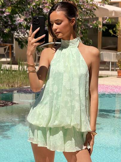 Vowa Women's Chiffon Elegant Grass Green 3D Cut-Out Chiffon Backless Tie Strap Mini Dress, Suitable For Dates, Night Outs, Summer Honeymoon Trips, Wedding Guest Attire, Island Vacations, Elegant Parties, Birthdays, Beach Getaways, Cocktail Receptions