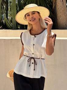 Livesso Áo sơ mi nữ một hàng cúc, buộc dây, tua rua, phối nhiều mảnh, cổ tròn, kiểu dáng thời trang. - Màu be - Xem 6