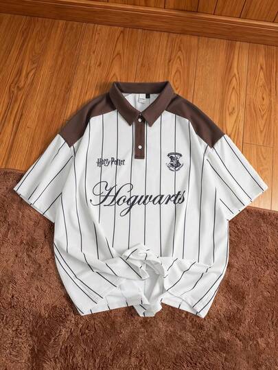 HARRY POTTER X SHEIN Áo polo nam tay ngắn, kẻ sọc, cài cúc nửa thân trước