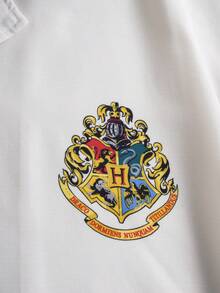 HARRY POTTER X SHEIN 男士度假条纹字母印花单排扣T恤和休闲短裤套装 - 卡其色 - 查看 4