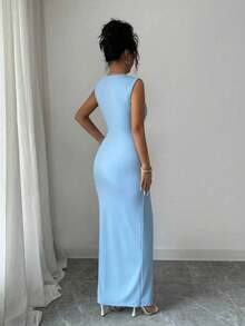 SHEIN PETITE Summer, Holiday, Elegant Party, June Festival, Beach Vacation Dress, Commute, Date, Holiday Outing Outfit, Blue Dress, Sleeveless Deep V Twist Dress, High Waist Slit Fitted Bodycon Dress ,Petite Women - Baby Blue - View 2