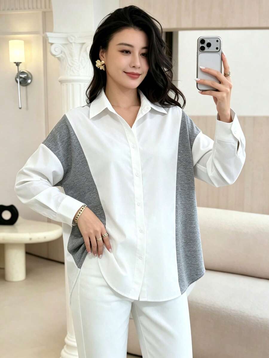 Mulvari Women's Gray White Splice Long Sleeve Blouse, Loose Fit Casual Shirt For Work Office Autumn - White - View 1