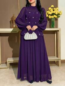 Modelyn Women's Solid Color Stand Collar Raglan Sleeve Elegant Dress Formal Purple Floral Floral Autumn Birthday Dinner - Purple - View 5