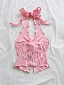 Soleia Fashionable Sexy Halter Tie Knot Hem Slit Open Back Camisole,Summer Top - Pink - View 2