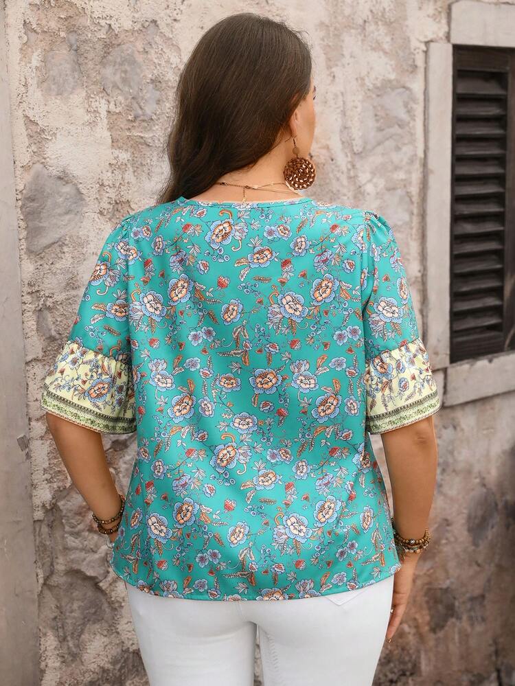 Plus Size Floral Print Contrast Color Tie Neck Casual Holiday Shirt Summer Top Beach Outfit For Women
