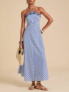 Travachic Embroidered Striped Casual Dress - Blue and White - View 7