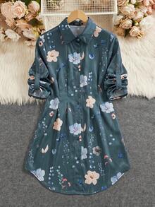 SHEIN Clasi 女士秋冬时尚百搭通勤印花衬衫裙 - 霧霾藍 - 查看 4
