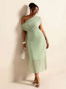 Elaquor Robe tricotée grande taille printemps/été, nouvelle, élégante, à épaule asymétrique, manches courtes, taille plissée, décontractée et polyvalente pour le port quotidien - Vert - Voir 4