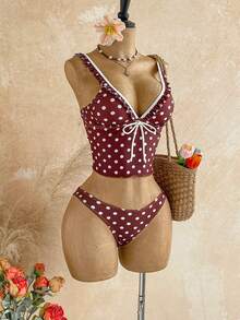 Soleia Women's White Polka Dot Print Deep V-Neck Bikini Set Beach Summer Cute - Brown - View 6