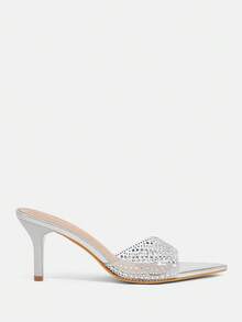 CUCCOO TILAWA Moda para mujeres, sandalias de tacón alto para mujeres, plateadas, material de TPU con pedrería, puntiagudas, para ir al trabajo, cómodas, para interiores, oficina, calle, fiesta, viajes, vacaciones, primavera y verano, adecuadas para vestidos, jeans, shorts, pantuflas de tacón de aguja - Plateado - Ver 4