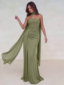 Aloruh Váy xòe đuôi cá xếp ly lưng thấp bằng vải chiffon màu xanh lá cây không dây định hình xương cá (Có thể tháo rời, mặc được nhiều lần) Váy xòe hở lưng thích hợp cho các buổi hẹn hò, kỳ nghỉ, đám cưới, mua sắm, hoạt động hàng ngày, váy phù dâu - màu xanh lá - Xem 4