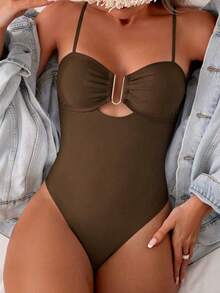SHEIN Swim 1 件纯色镂空金属装饰连体泳衣，适合夏季海滩度假 - 棕色 - 查看 5