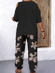 EMERY ROSE 2pcs Plus Size Off Shoulder Short Sleeve Top And Casual Loose Comfortable Pants Set, Plus Size Printed Outfit - Multicolor - View 2