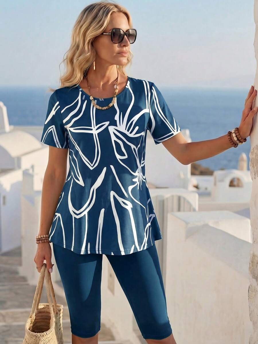 Faunlyn Bộ đồ nữ mùa hè đa năng gồm áo và quần tay ngắn raglan cổ tròn, kiểu dáng thường ngày, 2 món. - màu xanh lá - Xem 1