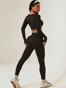 Dewbera Dewbera Set de 2 piezas de ropa deportiva sin costuras de color contrastante para mujer - Marrón - Ver 2