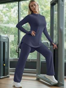 Innovista Damen Einfarbiger minimalistischer täglicher Langarm-Top und Hose Sportanzug - Blau - Übersicht 10