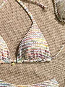 Swim Mod Women's Rainbow Striped Halter Neck Bikini Swimwear Set For Summer Beach Vacation - Multicolor - View 4