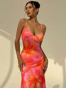 SHEIN PETITE CURVE Vestido de mujer talla grande con tirantes finos y nudo delantero, con estampado sexy de hibisco naranja, adecuado para uso en verano, con vibra hawaiana, ideal para la playa, la piscina, fiestas en resorts y cruceros. Vestido de mujer con estampado floral pequeño, atuendo de vacaciones de verano, perfecto para Coachella y festivales de música de verano - Naranja - Ver 6