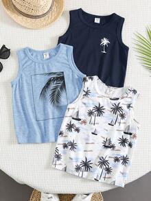 Bộ 3 áo tank top dệt kim dáng rộng không tay in họa tiết cây cọ phong cách thường ngày đi nghỉ cho bé trai tuổi teen, phù hợp đi học, đi chơi, mùa xuân & mùa hè - Màu xanh hải quân - Xem 1