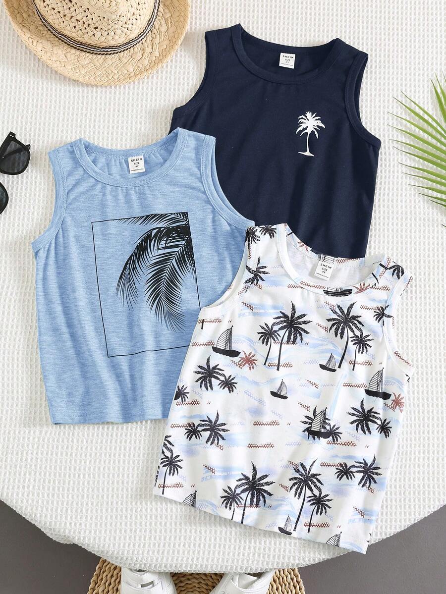 Bộ 3 áo tank top dệt kim dáng rộng không tay in họa tiết cây cọ phong cách thường ngày đi nghỉ cho bé trai tuổi teen, phù hợp đi học, đi chơi, mùa xuân & mùa hè - Màu xanh hải quân - Xem 1
