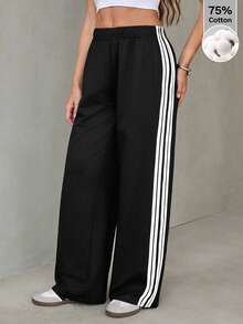 SHEIN Tall Quần ống rộng dệt kim cotton thường ngày cho nữ, màu đen với sọc trắng - màu đen - Xem 4