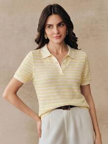 2026 Camisetas de punto de manga corta con cuello medio de rayas de alta calidad y nueva moda de verano, talla estándar para mujer, tops lindos - Amarillo - Ver 3