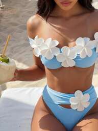 Bonvoyette Women Bikini Swimsuit,Blue And White 3D Floral Wireless Elegant Knitted 2-Piece Set,Summer Casual Beach Holiday Vacation Holiday Pool Party