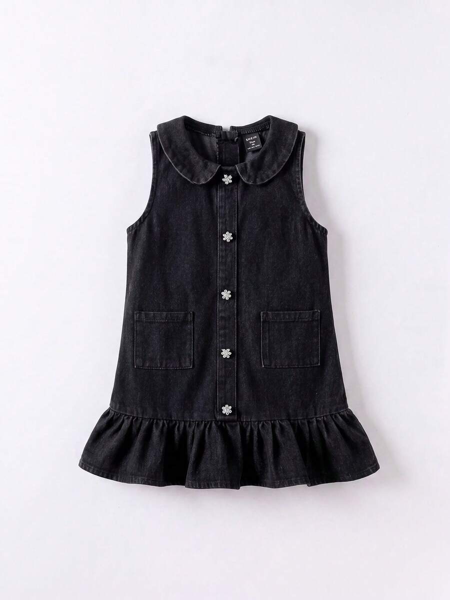SHEIN Elladie kids Toddler Girls' Cute Frill Trim Denim Dress Autumn Fall