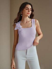 Anewsta Fashionable Fitted Embroidered Seamless Ribbed Solid Color Tank Top, Summer - Purple - View 3