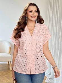 Rosumi Plus Size Women's Summer Elegant Pastel Pink Floral Embroidery Ruffle Collar Blouse,Everyday Casual Boho Hollow-Out Top,Vacation Country Style Shirt - Dusty Pink - View 4