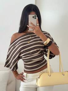 Aloruh Asymmetric Striped Loose Top With Cinched Waist, Minimalist Basic T-Shirt - Multicolor - View 6