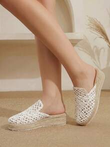 Styleloop Giày nữ đế dày dệt từ dây gai dầu, màu trắng, kiểu hở gót, giày bít mũi, dép bít mũi, sandal, giày dây gai dầu phong cách Boho phù hợp để đi chơi, nghỉ mát, hẹn hò hàng ngày, đi biển, du lịch, phong cách thường ngày với giày nữ. - trắng - Xem 2
