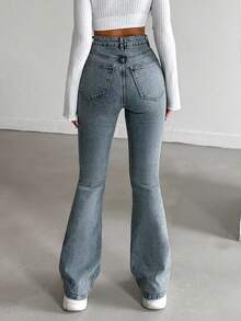 EURMUSE 98%Cotton Washed Casual Flare Jeans With Slanted Pockets - Baby Blue - View 2